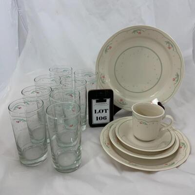 .106. DISCONTINUED | Calico Rose | Corelle 56 Piece Set | 8 Glasses