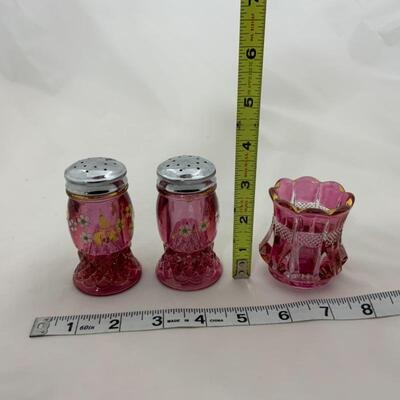 .113. Vintage | Hand-Painted Cranberry | Salt & Pepper | Toothpick