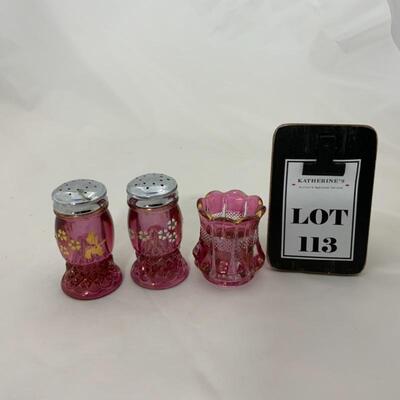 .113. Vintage | Hand-Painted Cranberry | Salt & Pepper | Toothpick