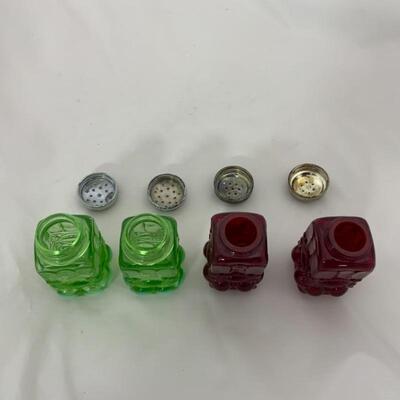 .122. Vintage | HEAVY | Green Opalescent | Ruby | Salt & Pepper Shakers