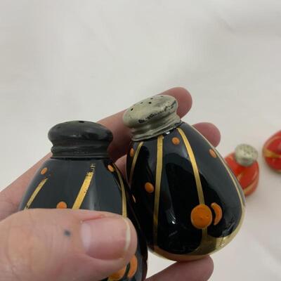 .125. Antique | Sterling Tops | Orange & Black Gilded Salt & Peppers