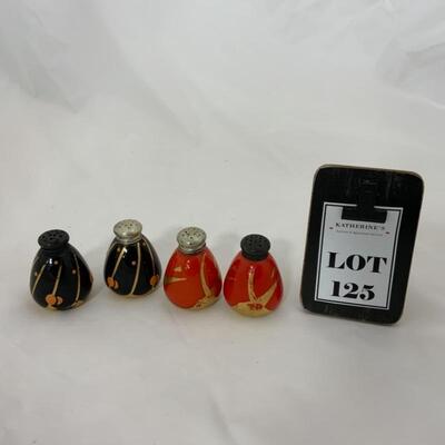 .125. Antique | Sterling Tops | Orange & Black Gilded Salt & Peppers