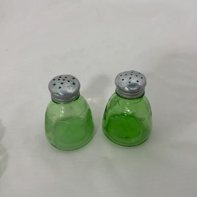 .136. Antique | Green Depression Salt and Pepper with Tray