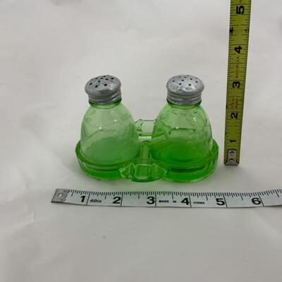 .136. Antique | Green Depression Salt and Pepper with Tray