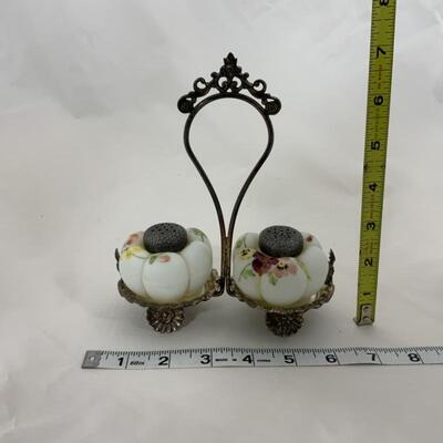 .138. Antique | Hand Painted Satin Glass Shakers with Caddy