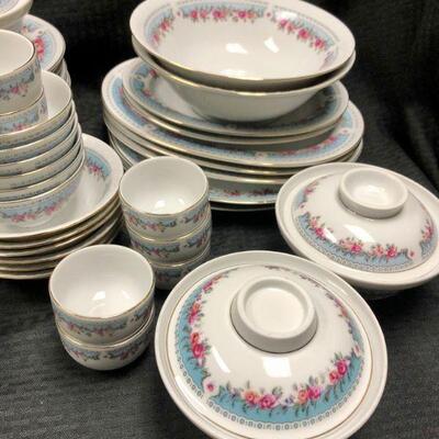 Huge Vintage Floral China Set Blue with Pink Flowers