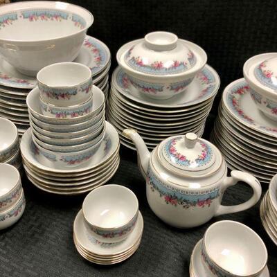 Huge Vintage Floral China Set Blue with Pink Flowers