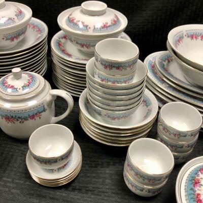 Huge Vintage Floral China Set Blue with Pink Flowers