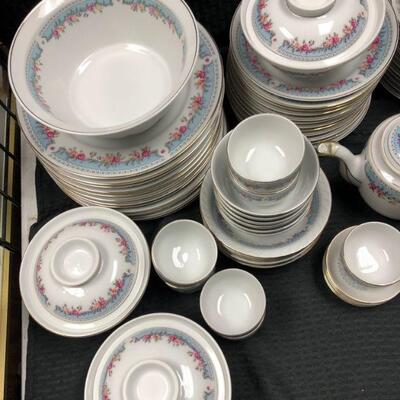 Huge Vintage Floral China Set Blue with Pink Flowers