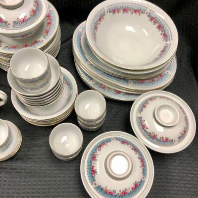 Huge Vintage Floral China Set Blue with Pink Flowers