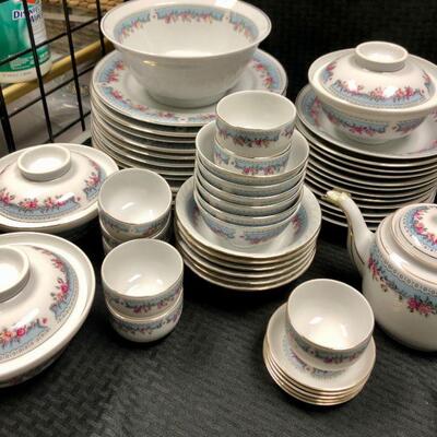 Huge Vintage Floral China Set Blue with Pink Flowers
