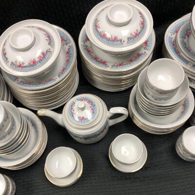 Huge Vintage Floral China Set Blue with Pink Flowers