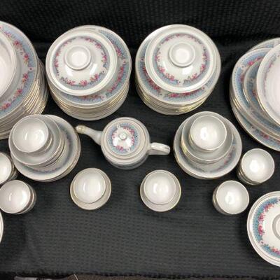 Huge Vintage Floral China Set Blue with Pink Flowers