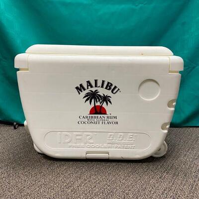 Malibu Rum White Ice Chest Cooler on Wheels with Fold Down Sides & Stools