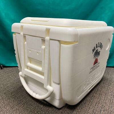 Malibu Rum White Ice Chest Cooler on Wheels with Fold Down Sides & Stools