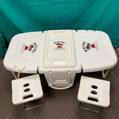 Malibu Rum White Ice Chest Cooler on Wheels with Fold Down Sides & Stools