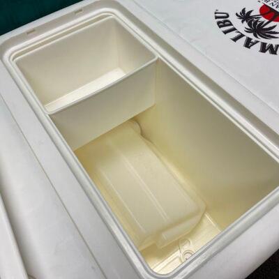 Malibu Rum White Ice Chest Cooler on Wheels with Fold Down Sides & Stools