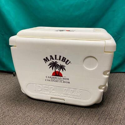 Malibu Rum White Ice Chest Cooler on Wheels with Fold Down Sides & Stools