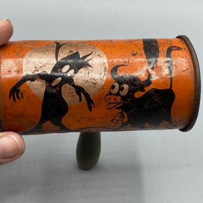 Vintage Tin Halloween Shaker Rattle with Wood Handle