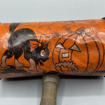 Vintage Tin Halloween Shaker Rattle with Wood Handle