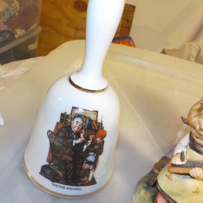 4 collector pieces Norman Rockwell bell, Hummel, Meissen, Brass Elephant.