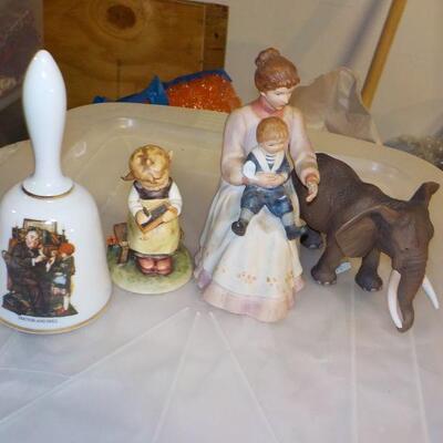 4 collector pieces Norman Rockwell bell, Hummel, Meissen, Brass Elephant.