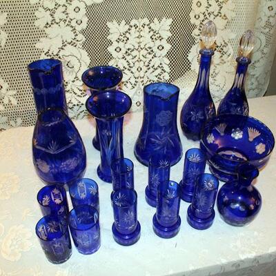 19 Russian Crystal blue cut to clear glass items (#48)