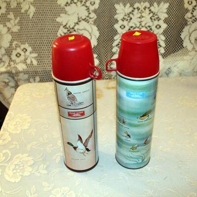 Pair of vintage hunting fishing theme thermoses (#50)