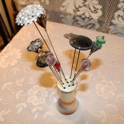 Vintage porcelain hat pin stand with 11 hat pins (#56)