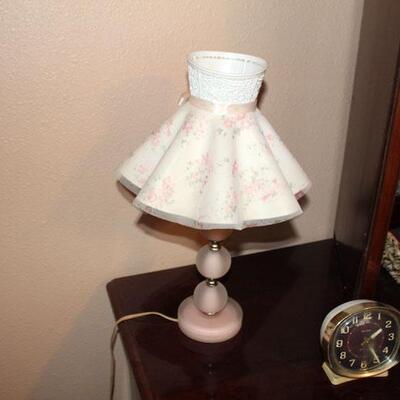 Pair pink glass column table lamps, with cloth shades, 17"  (#120)