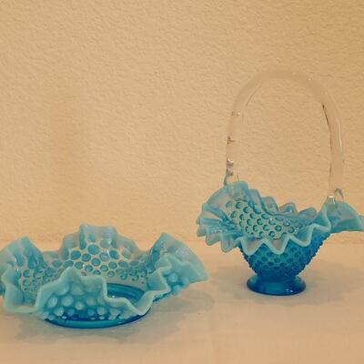 Lot 11: Vintage Fenton Hobnail Dish & Basket