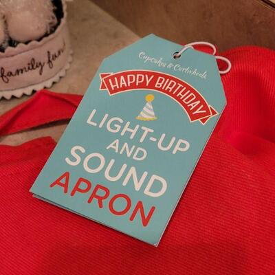 Lot 4: New Light Up Happy Birthday Apron, Plushie and Candle Lot