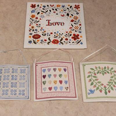 Lot 9: New Celebration Quilts Porcelain Trivet, Vintage Love Trivet & (3) Ceramic Quilt Hanging Deco