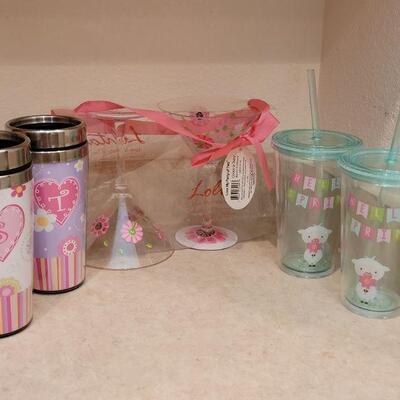 Lot 13: All NEW Lolita Martini Glasses, (2) Coffee Travel Cups & (2) Tumblers with Lids and Straws 