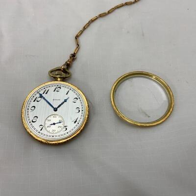 -3- ELGIN | Open Face Pocket Watch with Chain | 15j | 1927 | 18K Chain-4.5g