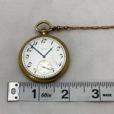 -3- ELGIN | Open Face Pocket Watch with Chain | 15j | 1927 | 18K Chain-4.5g