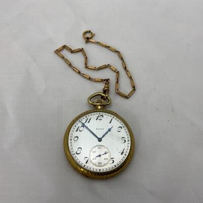 -3- ELGIN | Open Face Pocket Watch with Chain | 15j | 1927 | 18K Chain-4.5g