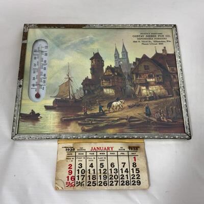 -76- 1938 Gustav Sieber Fur Co | Milwaukee WI | ADVERTISING | THERMOMETER | CALENDAR