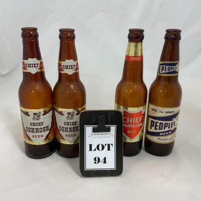-94- VINTAGE | Four Beer Bottles | Chief Oshkosh | Peopleâ€™s