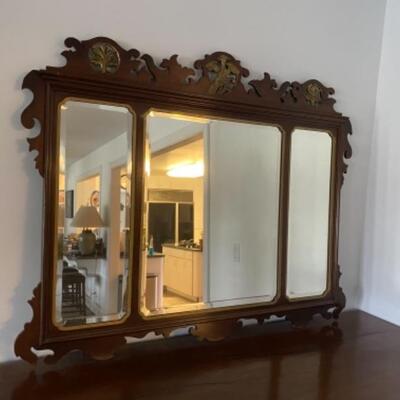 116 Antique Three Paneled Beveled Mirror with carved frame 