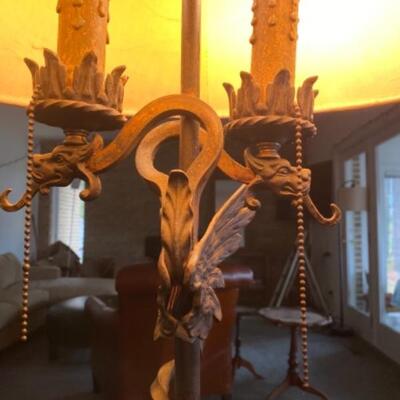 122 Antique Arts and Crafts Wrought Iron Floor Lamp 