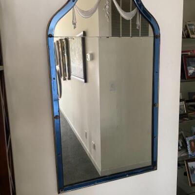 135 Antique Art Deco Blue Glass Frame with Etched top Mirror 