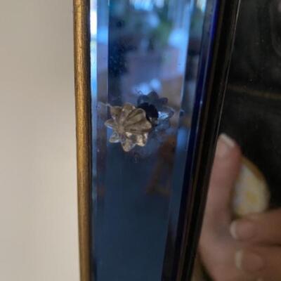 135 Antique Art Deco Blue Glass Frame with Etched top Mirror 