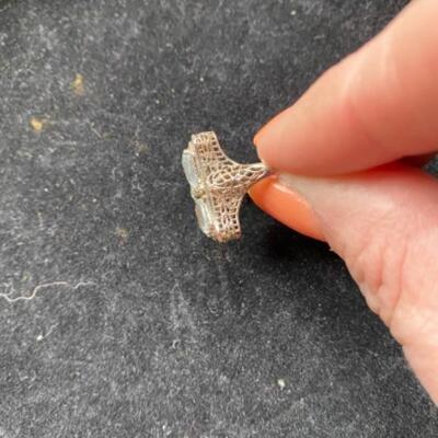 219 Antique 14kt white gold Filigree Ring with light blue stone 