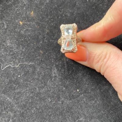 219 Antique 14kt white gold Filigree Ring with light blue stone 