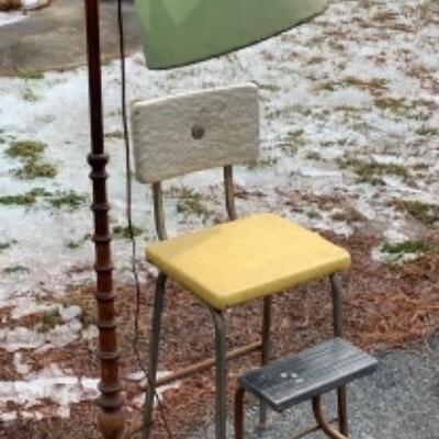 256 Vintage Metal step Stool and Wooden Floor Lamp 