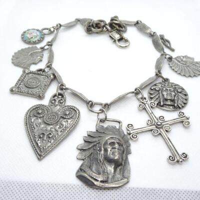 Silver Tone Native American Themed Charm Pendant Necklace, Cross, Chief, Heart
