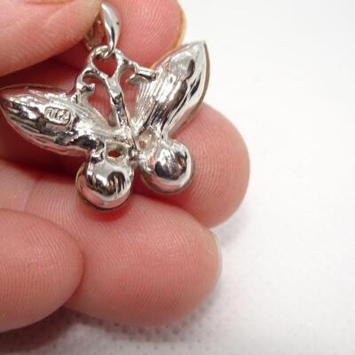 Silver Tone Rhinestone Butterfly Necklace Pendant - Signed