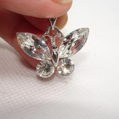 Silver Tone Rhinestone Butterfly Necklace Pendant - Signed