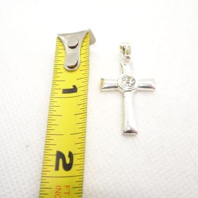 Dainty Silver Tone Center Rhinestone Cross Necklace Pendant 